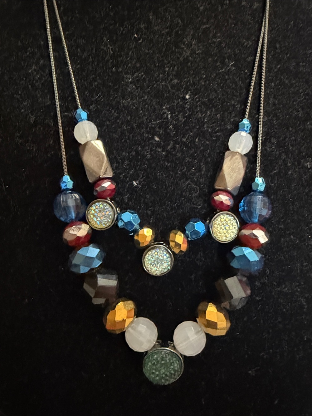 Multicolor Beaded Double Strand Statement Necklace - Sparkling Crystal Accents